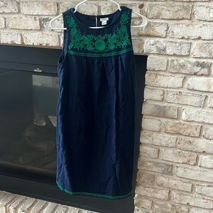 J. Crew embroidered linen cotton navy and green dress. Size XS.